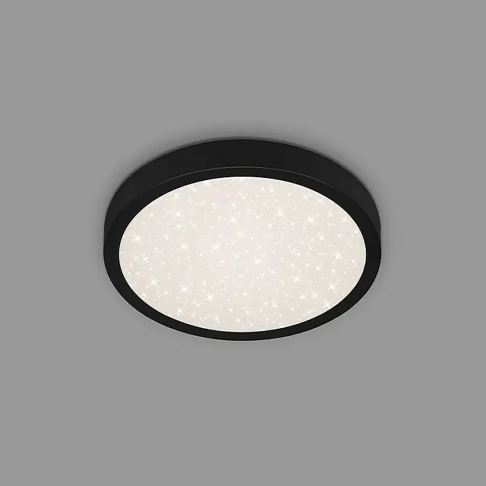Briloner LED-Deckenleuchte rund RUNA - 18,5 W, Ø x H: 28 x 4 cm, Schwarz, Neutralweiß - Moderne Deckenleuchte mit schwarzem Rahmen und funkelndem Sternmuster auf der Oberfläche für eine stilvolle Beleuchtung.