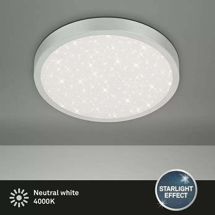 Briloner LED-Deckenleuchte rund RUNA - 24 W, Ø x H: 38 x 5 cm, Silber, Neutralweiß - Runde silberne Deckenleuchte mit funkelndem Sternenhimmel-Effekt.