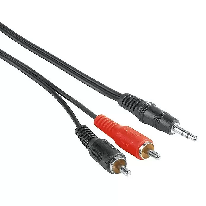 Hama Audio-Kabel 3,5 mm-Klinken-Stecker/2 Cinch-Stecker - Cinch-Stecker, 2 m - Schwarzes Audiokabel mit 3,5mm Klinkenstecker auf roten und schwarzen Cinch-Stecker.