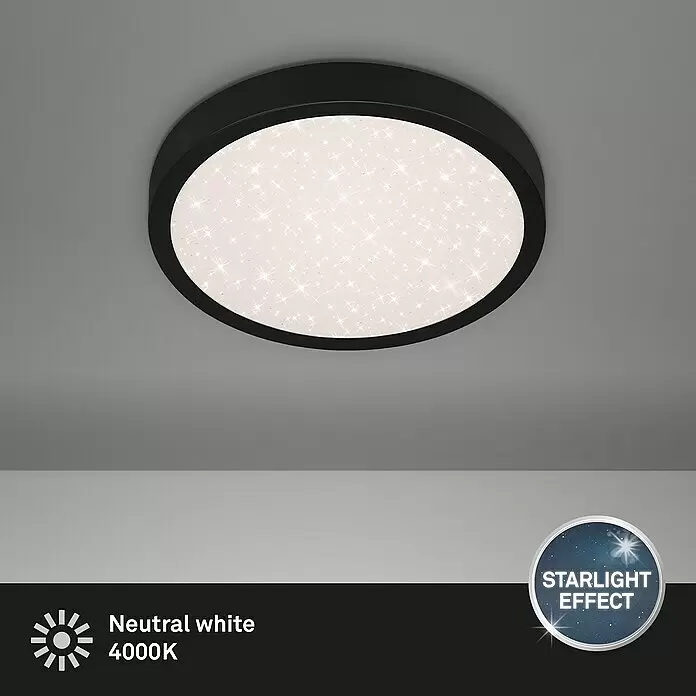 Briloner LED-Deckenleuchte rund RUNA - 18,5 W, Ø x H: 28 x 4 cm, Schwarz, Neutralweiß - Runde schwarze Deckenleuchte mit funkelndem Sternenlicht-Effekt Diffusor, neutralweißes 4000K Licht.