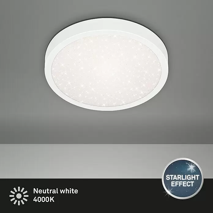 Briloner LED-Deckenleuchte rund - 18,5 W, Ø x H: 28 x 4 cm, Weiß, Neutralweiß - Weiße runde LED-Deckenleuchte mit funkelndem Sternenlichteffekt, neutralweiß 4000K.
