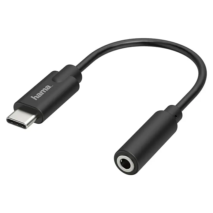 Hama Audio-Adapter - 3,5-mm-Klinkenkupplung, Schwarz - Abgebildet ist ein schwarzer USB-C-auf-Kopfhöreranschluss-Adapter von Hama, der die Verbindung von USB-C-Geräten mit Kopfhörern ermöglicht.