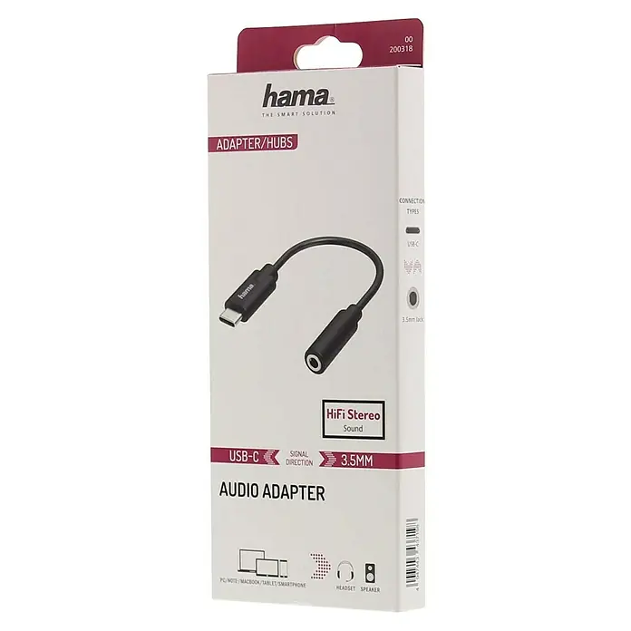 Hama Audio-Adapter - 3,5-mm-Klinkenkupplung, Schwarz - Produktverpackung für einen Hama USB-C auf 3,5-mm-Audioadapter, der HiFi-Stereo-Sound für Geräte wie Smartphones und Tablets ermöglicht.