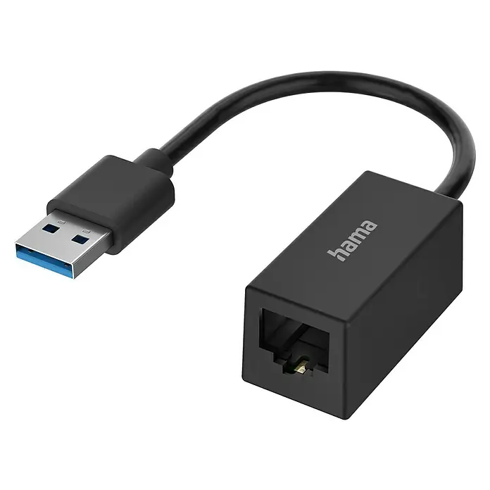 Hama USB-Netzwerkadapter - Schwarz, Gigabit-Ethernet-Datenübertragung von bis zu 1 Gbit/s - Das Bild zeigt einen Hama USB-auf-Ethernet-Adapter, der eine USB-Verbindung in einen Ethernet-Anschluss umwandelt. Der Adapter ist schwarz und hat ein kurzes Kabel.