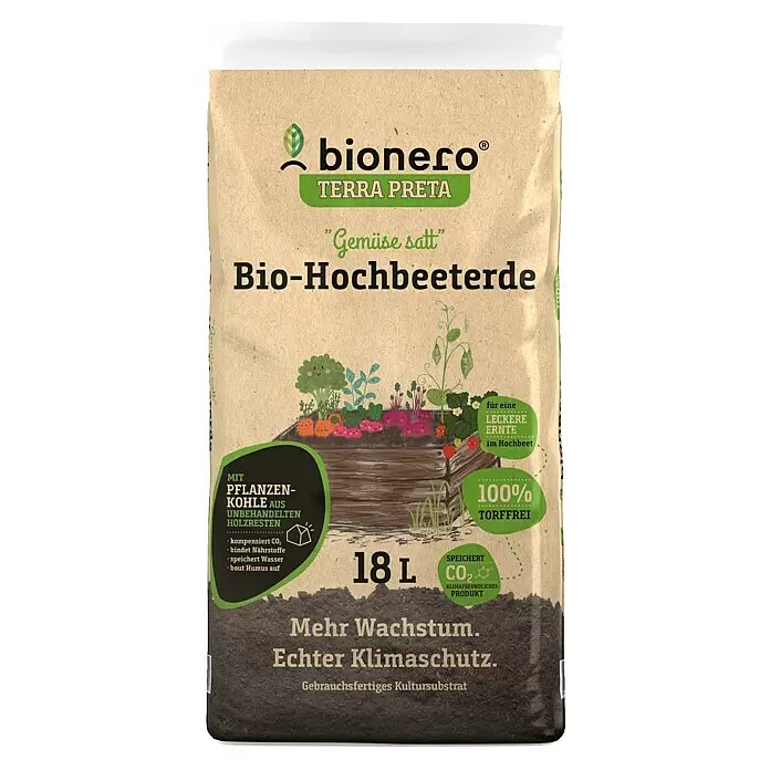 bionero Terra Preta Hochbeeterde Gemüse satt - 18 l - Bionero Terra Preta Bio-Hochbeeterde, 18 L. Brauner Papiersack mit Pflanzenillustrationen, grünem und schwarzem Text: torffrei, speichert CO2.