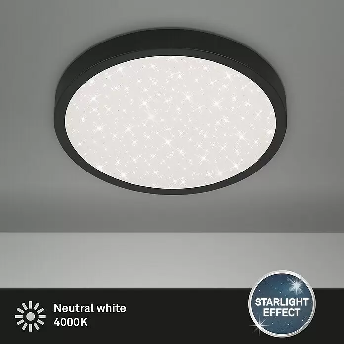 Briloner LED-Deckenleuchte rund RUNA - 24 W, Ø x H: 38 x 5 cm, Schwarz, Neutralweiß - Runde schwarze Deckenleuchte mit Sternen-Effekt und 4000K neutralweißem Licht.