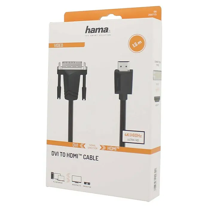 Hama HDMI-Kabel auf DVI-Stecker - Schwarz, 1,5 m - Abbildung einer Hama DVI-zu-HDMI™-Kabelverpackung, die die Kabelanschlüsse und Spezifikationen wie 4K@60Hz Ultra HD hervorhebt.
