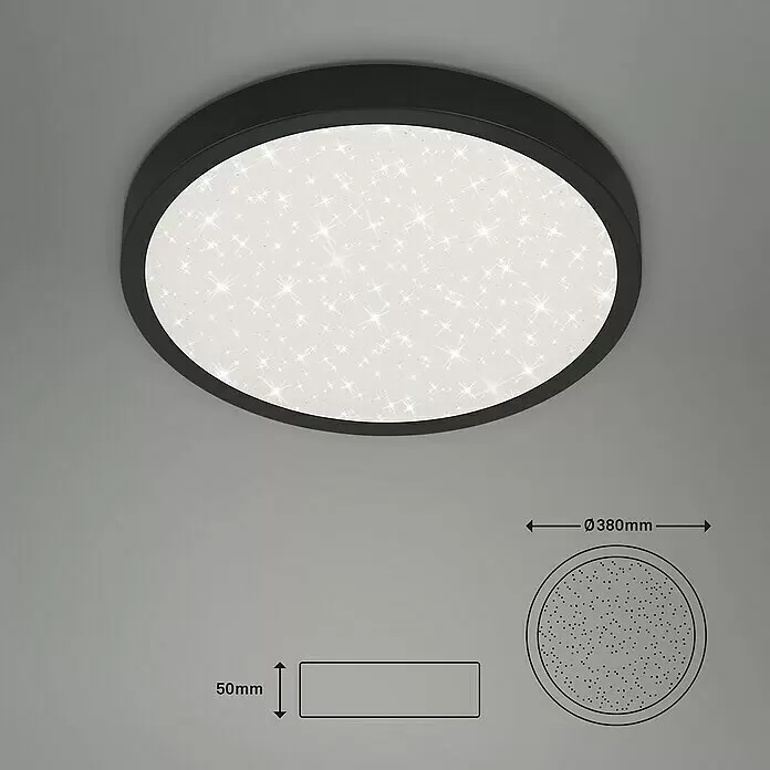 Briloner LED-Deckenleuchte rund RUNA - 24 W, Ø x H: 38 x 5 cm, Schwarz, Neutralweiß - Runde schwarze LED-Deckenleuchte mit funkelndem Sternen-Effekt. Maße Ø380mm x 50mm.