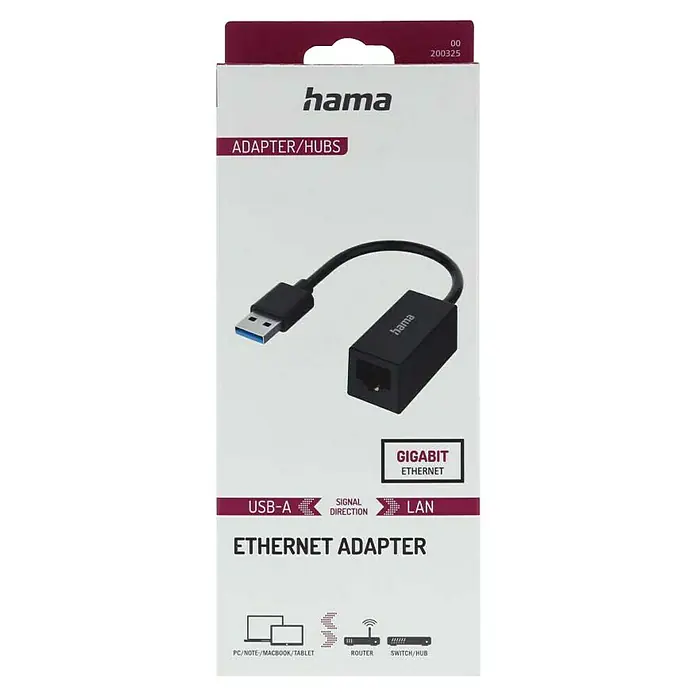 Hama USB-Netzwerkadapter - Schwarz, Gigabit-Ethernet-Datenübertragung von bis zu 1 Gbit/s - Verpackung eines Hama USB-A auf Gigabit Ethernet Adapters zur Netzwerkverbindung von Computern und Tablets mit LAN über USB.