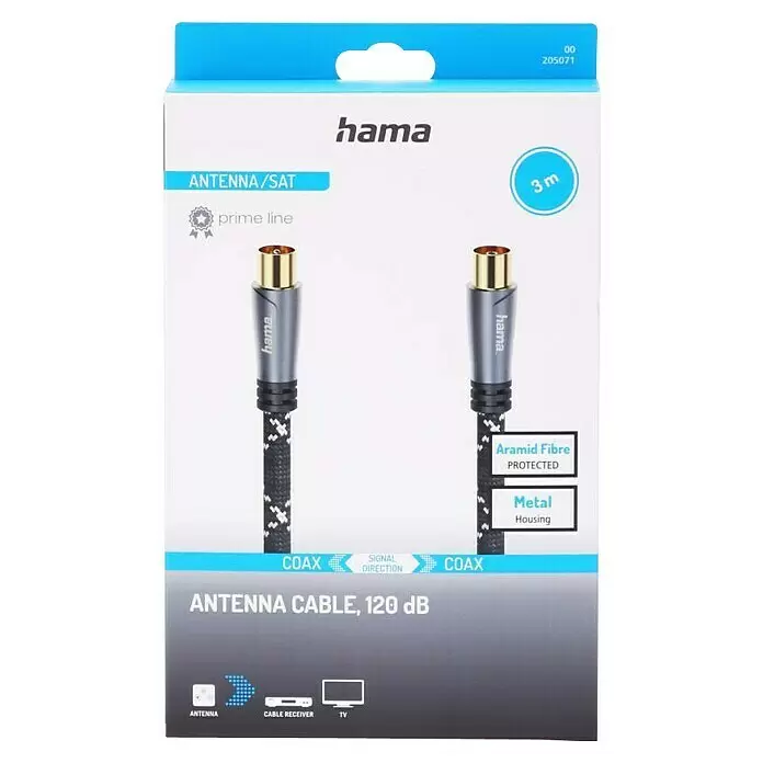 Hama Antennen-Anschlusskabel Koax-Stecker - Koax-Kupplung - 3 m, Schwarz/Grau, 120 dB, Koax-Buchse - Hama 3m 120 dB Koaxial-Antennenkabel 'Prime Line' Serie, vergoldet, Aramid-Faser-Schutz, Metallgehäuse, in Verkaufsverpackung.
