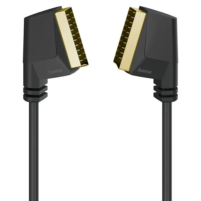 Hama Scart-Kabel - Schwarz, Länge: 1,5 m - Zwei Hama SCART-Kabel mit rechtwinkligen Steckern, die sich gegenüberliegen. Perfekt für Verbindungen auf engstem Raum.
