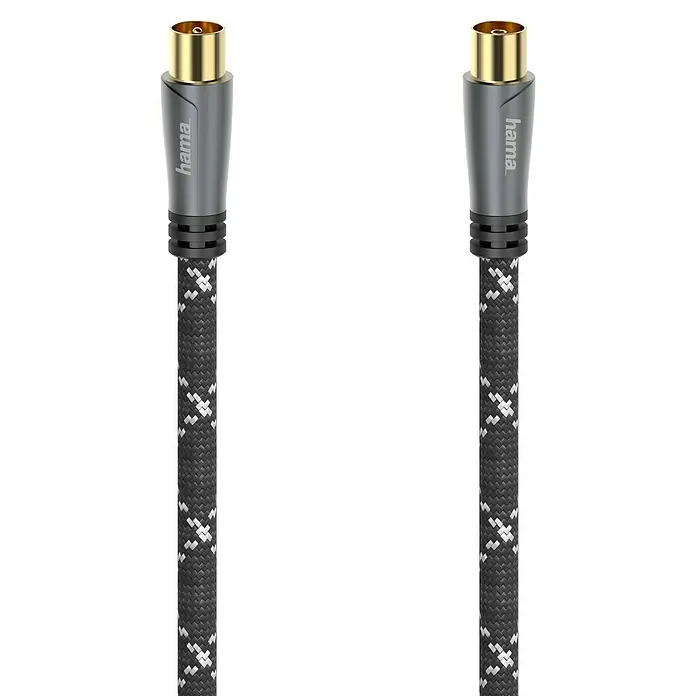 Hama Antennen-Anschlusskabel Koax-Stecker - Koax-Kupplung - 3 m, Schwarz/Grau, 120 dB, Koax-Buchse - Nahaufnahme von zwei Hama-Koaxialkabeln mit geflochtenem Textilmantel und vergoldeten Anschlüssen auf schwarzem Hintergrund.