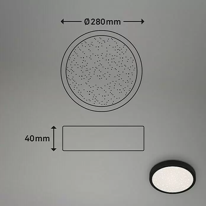 Briloner LED-Deckenleuchte rund RUNA - 18,5 W, Ø x H: 28 x 4 cm, Schwarz, Neutralweiß - Schwarze runde Deckenleuchte, Ø 280mm, 40mm hoch, mit weißem Sternen-Diffusor.