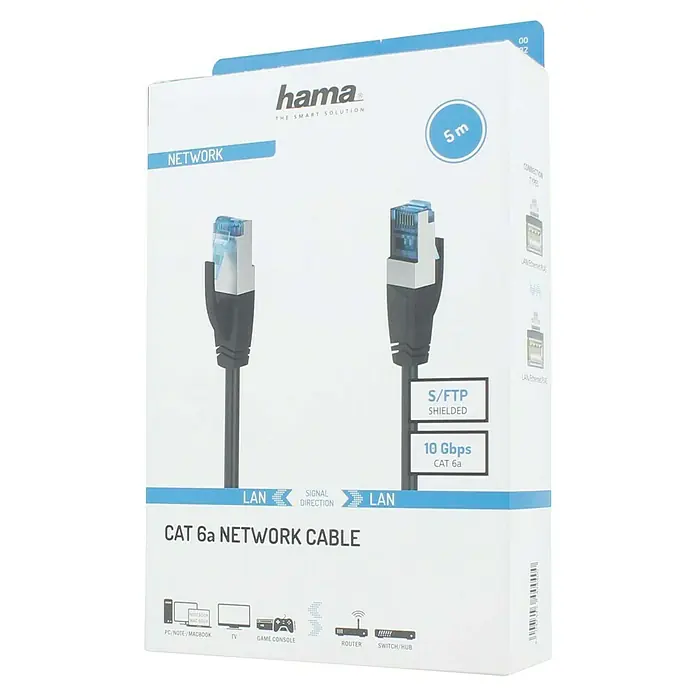 Hama Netzwerk-Kabel CAT-6a - Länge: 5 m, Schwarz, RJ45-Stecker - Verpackung eines Hama CAT 6a Netzwerkkabels (5m) mit Produktbild und technischen Details wie S/FTP Schirmung und 10 Gbps Datenrate.