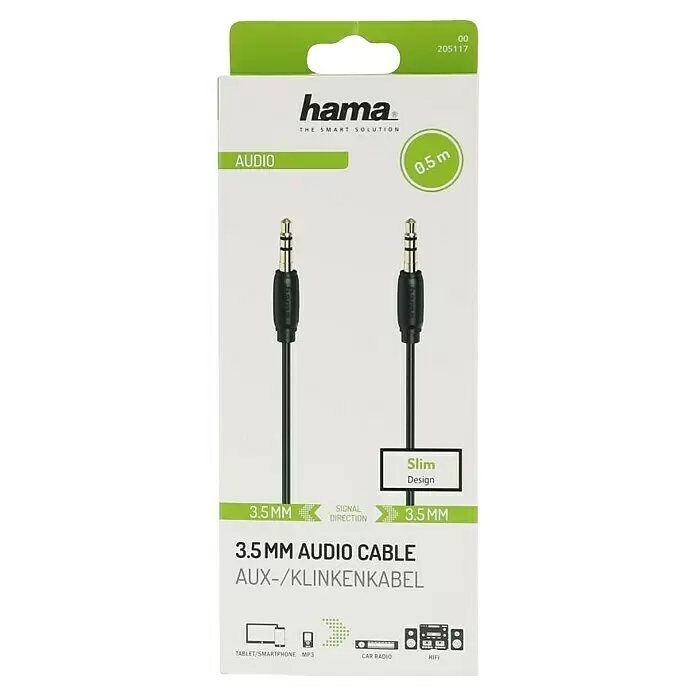 Hama Klinkenkabel ultradünn - Länge: 0,5 m, Vergoldete Kontakte - Hama 0,5m schwarzes 3,5mm Audiokabel mit goldfarbenen Steckern, schlankes Design für Audiogeräte.