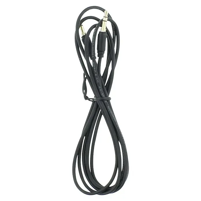 Hama Klinkenkabel ultradünn - Länge: 1,5 m, Vergoldete Kontakte - Ein schwarzes Audiokabel mit goldenen Steckern, ordentlich aufgerollt und mit einem Kabelbinder fixiert. Ideal für Audioverbindungen.