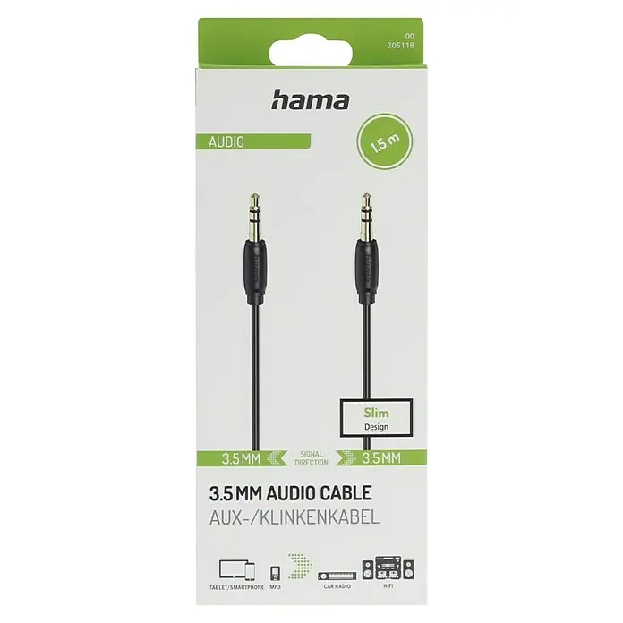 Hama Klinkenkabel ultradünn - Länge: 1,5 m, Vergoldete Kontakte - Abbildung einer Hama 3,5 mm Audiokabelverpackung.