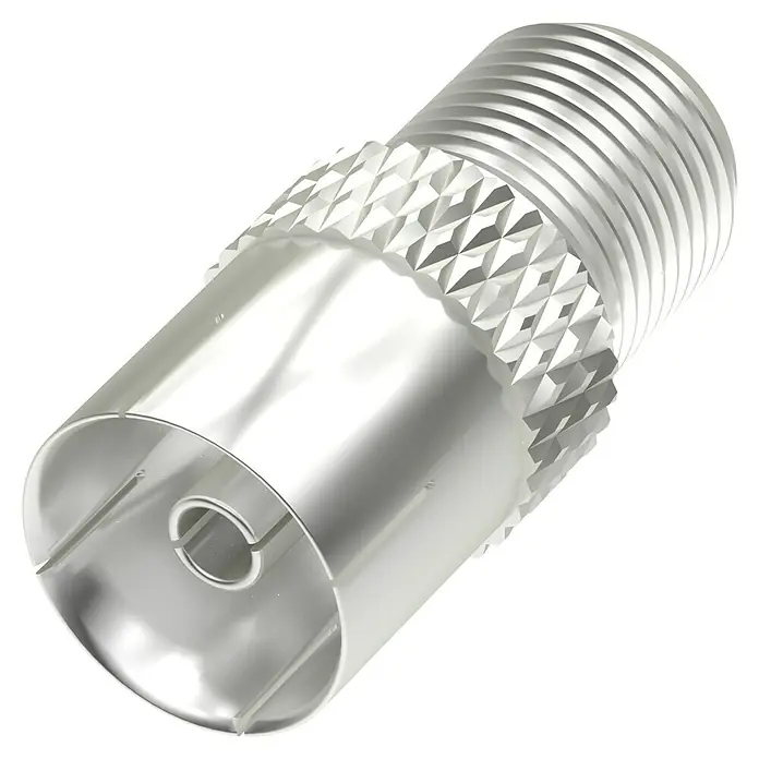 Hama Koax-Adapter - F-Buchse, IEC-Buchse - Nahaufnahme eines F-Steckers, einem Koaxialkabelverbinder, der in der Telekommunikationstechnik verwendet wird.