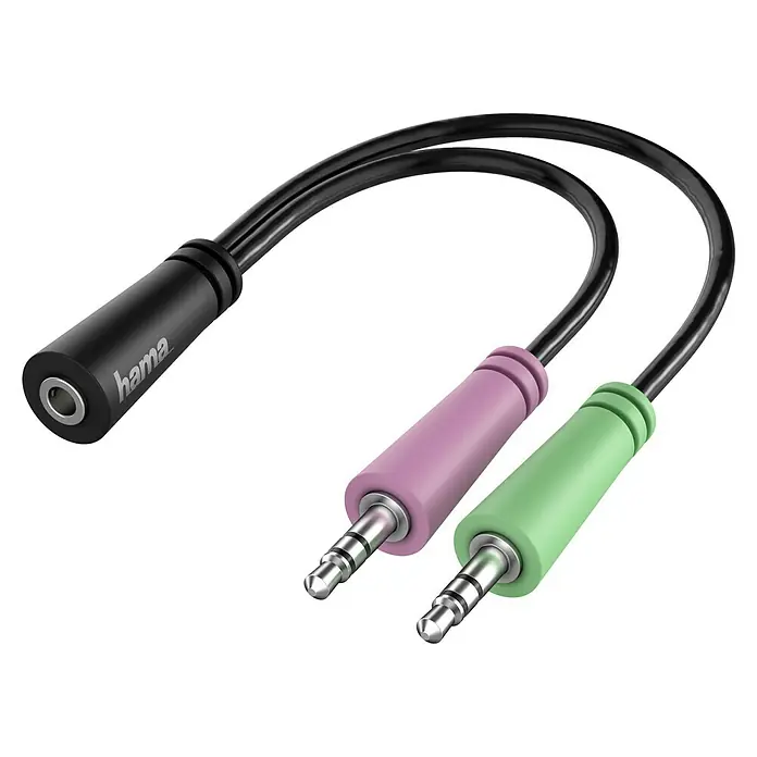 Hama Audio-Adapter 2 x Klinkenstecker - 1 x Klinkenkupplung - Kabellänge: 0,15 m - Hama Audio-Adapterkabel mit einer Buchse und zwei farbigen Steckern für Mikrofon und Kopfhörer. Ideal für PC-Audioanwendungen.