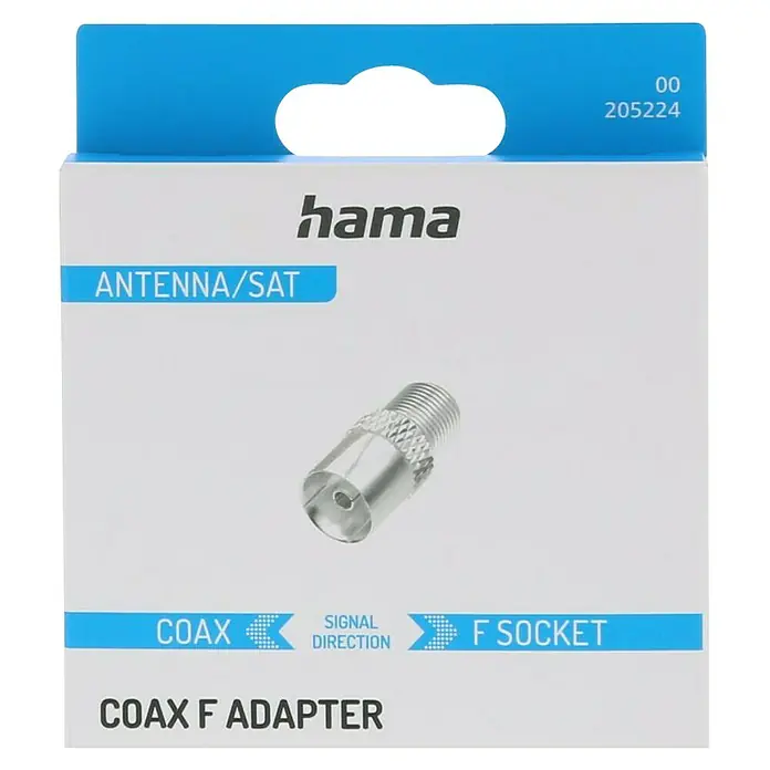 Hama Koax-Adapter - F-Buchse, IEC-Buchse - Produktverpackung für einen Hama Koax-F-Adapter für Antennen und Satelliten, ideal für klare Signalübertragung.