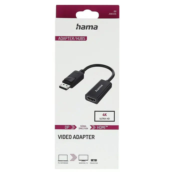 Hama HDMI-Adapter - Schwarz, DisplayPort-Stecker - Produktverpackung des Hama Videoadapters mit DisplayPort zu HDMI-Anschluss für eine hochwertige Bildübertragung in 4K Ultra HD Qualität.