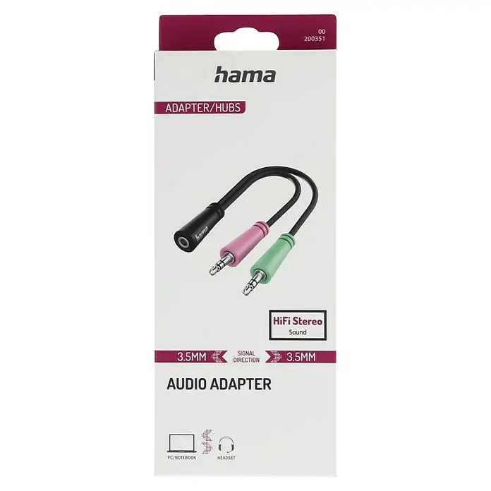 Hama Audio-Adapter 2 x Klinkenstecker - 1 x Klinkenkupplung - Kabellänge: 0,15 m - Produktverpackung für einen Hama Audio-Adapter, der für HiFi-Stereo-Sound sorgt und mit PCs/Notebooks und Headsets kompatibel ist.