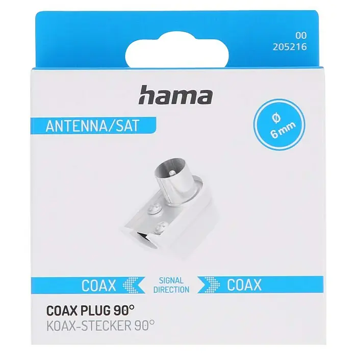 Hama Koax-Winkelstecker schraubbar - Koax-Stecker, 90 ° gewinkelt - Abbildung einer Hama Koax-Stecker 90°-Verpackung, der Stecker ist weiß und silber mit der Aufschrift "Antenne/Sat".