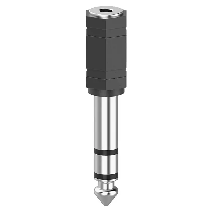 Hama Audio-Adapter - Schwarz - Abbildung eines Audio-Adapters mit einem sechskantigen, schwarzen Gehäuse und einem runden, silbernen Stecker.