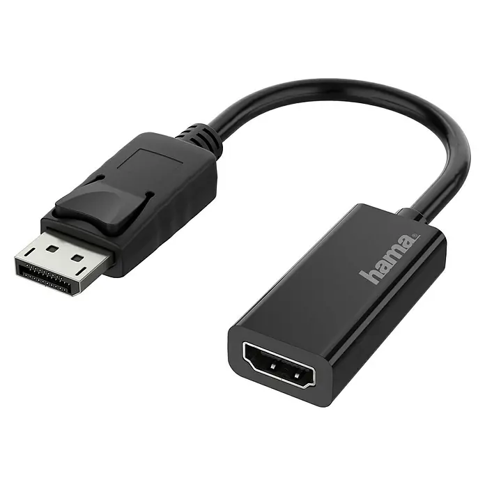 Hama HDMI-Adapter - Schwarz, DisplayPort-Stecker - Nahaufnahme eines schwarzen Hama DisplayPort-auf-HDMI-Adapters mit Kabel, der eine Verbindung von DisplayPort zu HDMI ermöglicht.