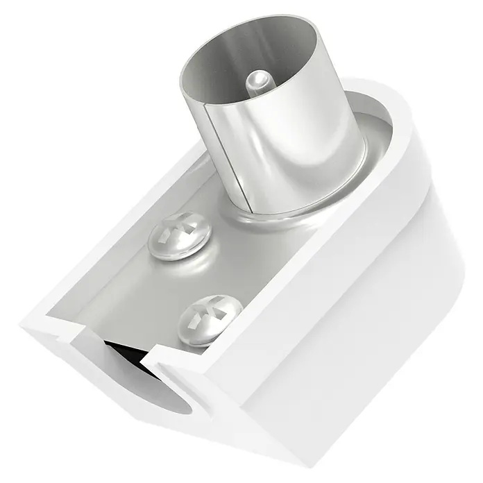 Hama Koax-Winkelstecker schraubbar - Koax-Stecker, 90 ° gewinkelt - Nahaufnahme eines weißen, rechtwinkligen Antennensteckers mit silbernem Anschluss und zwei Schrauben.