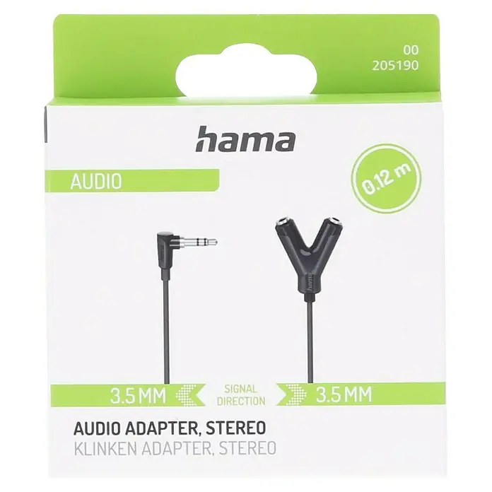 Hama Audio-Adapter - Kabellänge: 0,12 m - Produktbild eines Hama Audio Adapters, Stereo, mit 3,5 mm Klinkenanschluss für hochwertige Audioübertragung.