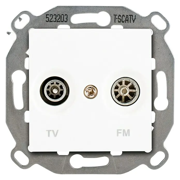 BJC Viva Pieza insertada para caja de antena - x 2 - Toma de antena de TV y FM con cubierta blanca y marco color metal para montaje en pared.