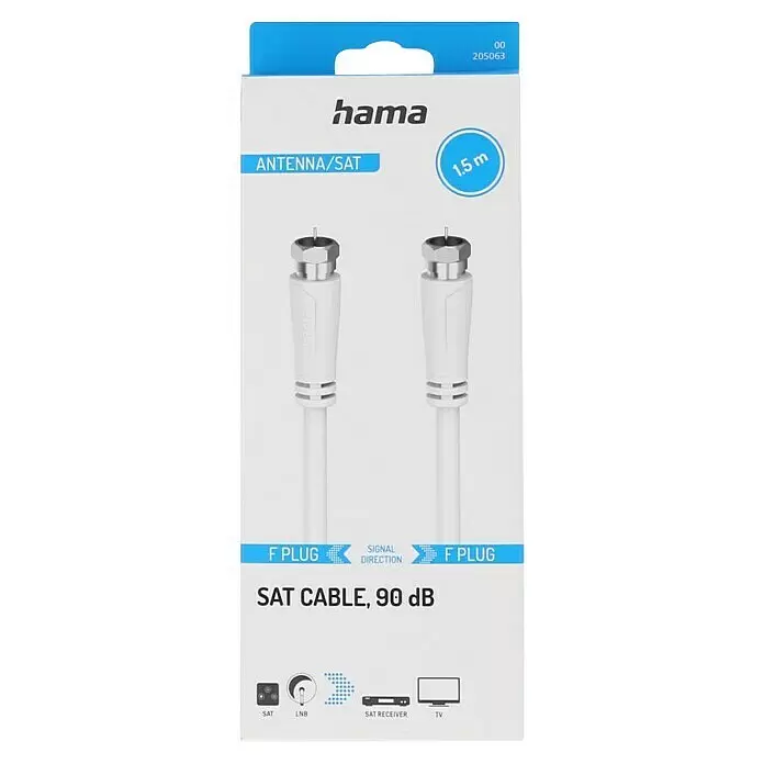 Hama Koaxialkabel - 1,5 m, Weiß - Weißes Hama 15m SAT-Kabel mit F-Steckern für Antennen-/Satellitenanschluss, 90 dB.