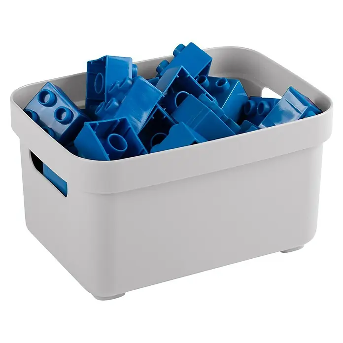 Sunware Aufbewahrungsbox Sigma Home - L x B x H: 17,7 x 12,8 x 9,3 cm, Kunststoff, Hellgrau - Ein weißer Aufbewahrungsbehälter gefüllt mit blauen Bauklötzen, ideal zur Aufbewahrung von Spielzeug. Praktisch und stilvoll.