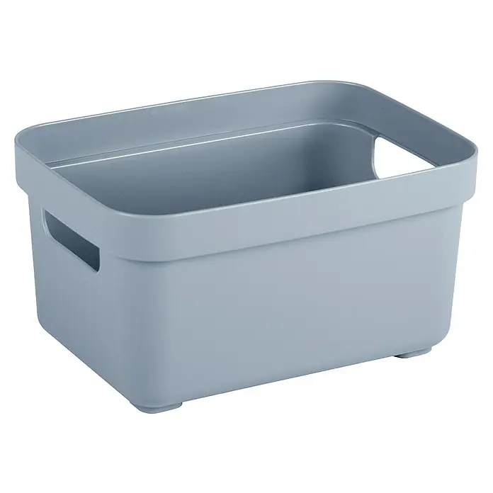Sunware Aufbewahrungsbox Sigma Home - L x B x H: 17,7 x 12,8 x 9,3 cm, Kunststoff, Blaugrau - Nahaufnahme eines grauen Kunststoffbehälters mit Griffen für die Aufbewahrung verschiedener Gegenstände.