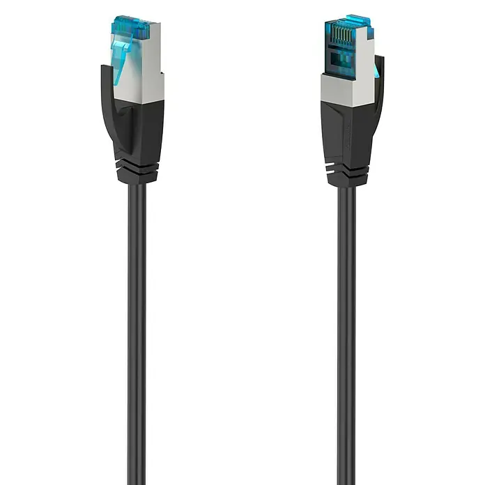 Hama Netzwerk-Kabel CAT-6a - Länge: 3 m, Schwarz, RJ45-Stecker, Bis zu 10 Gbit/s - Zwei LAN-Kabel mit blauem Stecker, ideal für schnelle und zuverlässige Netzwerkverbindungen.