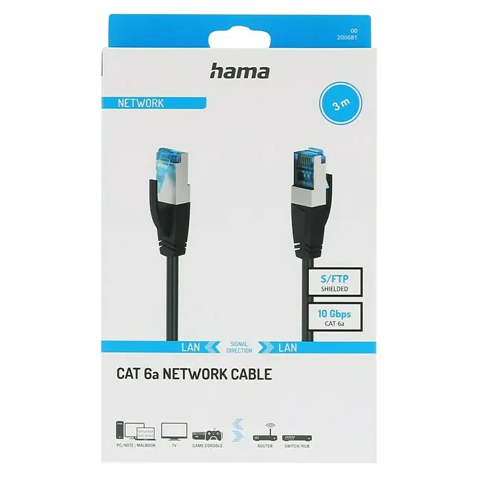 Hama Netzwerk-Kabel CAT-6a - Länge: 3 m, Schwarz, RJ45-Stecker, Bis zu 10 Gbit/s - Verpackung eines 3 m langen Hama CAT 6a Netzwerkkabels, S/FTP geschirmt für schnelle 10 Gbit/s Verbindungen, ideal für PC, TV, Konsole.