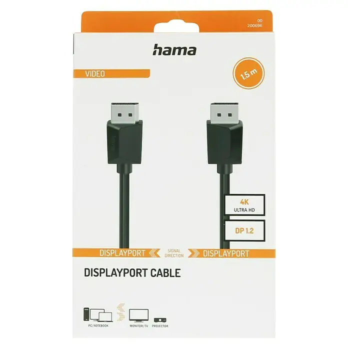 Hama DisplayPort-Kabel - Schwarz, 1,5 m, Bis zu 21,6 Gbit/s - Produktverpackung eines Hama DisplayPort Kabels mit 1,5 m Länge, unterstützt 4K Ultra HD und DP 1.2 für PC, Notebook und Monitor/TV/Projektor.