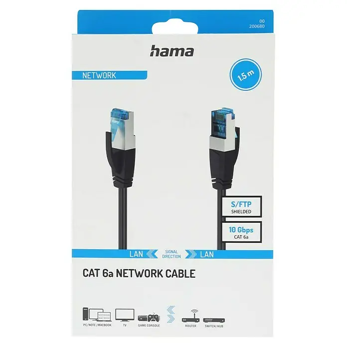 Hama Netzwerk-Kabel CAT-6a - Länge: 1,5 m, Schwarz, RJ45-Stecker, Bis zu 10 Gbit/s - Produktverpackung für ein Hama CAT 6a Netzwerkkabel, 1,5 m Länge, geeignet für PC, Notebook, TV, Spielkonsole und Router.