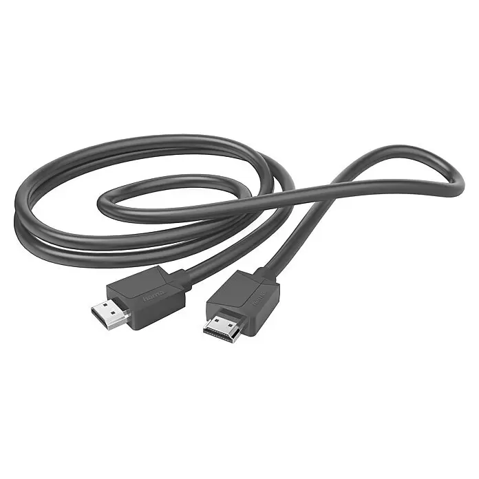 Hama HDMI-Kabel High Speed mit Ethernet - Schwarz, 3 m, 18 Gbit/s - Schwarzes HDMI-Kabel mit zwei Anschlüssen, aufgerollt.