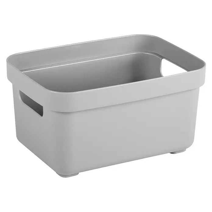 Sunware Aufbewahrungsbox Sigma Home - L x B x H: 17,7 x 12,8 x 9,3 cm, Kunststoff, Hellgrau - Nahaufnahme eines grauen Aufbewahrungskorbs mit Griffen, ideal für die Organisation von Gegenständen im Haushalt.
