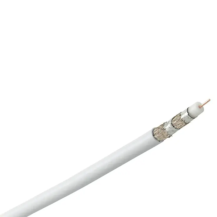 Hama SAT-Koaxialkabel - 25 m, Weiß, 120 dB, 75 Ω - Nahaufnahme eines weißen Koaxialkabels mit freiliegenden Schichten, das seine Konstruktion zeigt.