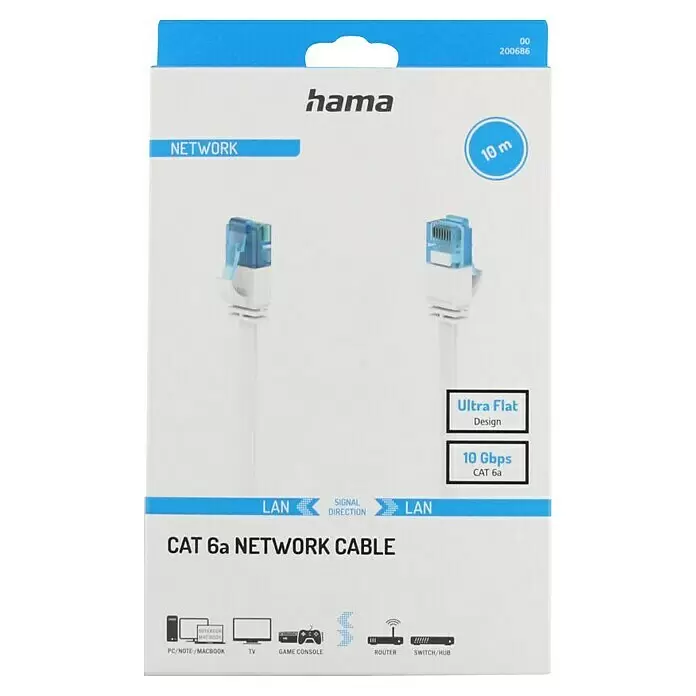 Hama Netzwerk-Kabel - Länge: 10 m, Weiß, RJ45-Stecker, Bis zu 10 Gbit/s - Hama Cat 6a Netzwerkkabel-Verpackung, weißes Kabel mit blauen Steckern, 10m, ultraflach, 10 Gbit/s.