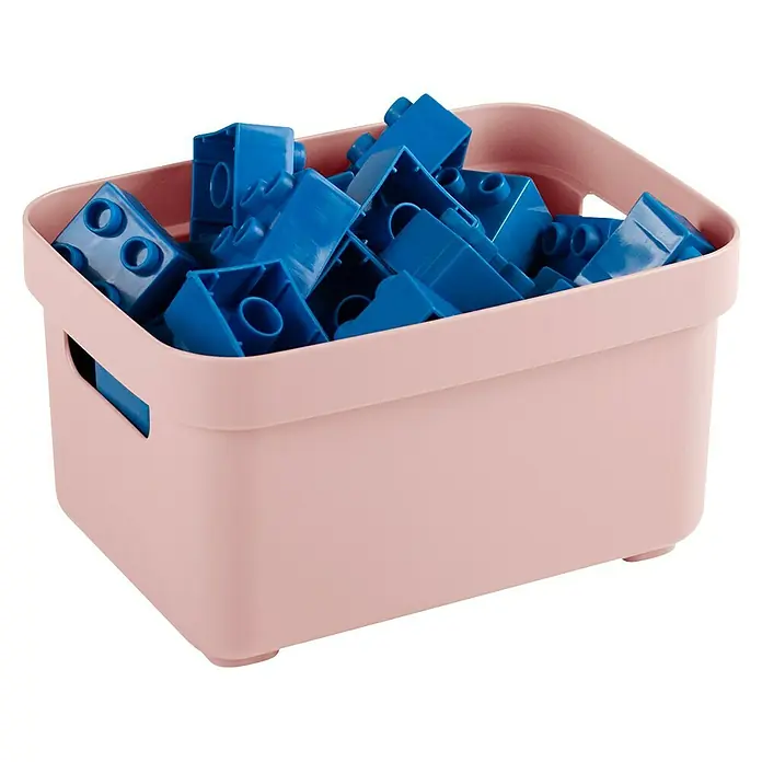 Sunware Aufbewahrungsbox Sigma Home - L x B x H: 17,7 x 12,8 x 9,3 cm, Kunststoff, Rosa - Eine rosa Aufbewahrungsbox gefüllt mit blauen Bausteinen. Ideal für Kinderzimmer und Spielzeugorganisation.