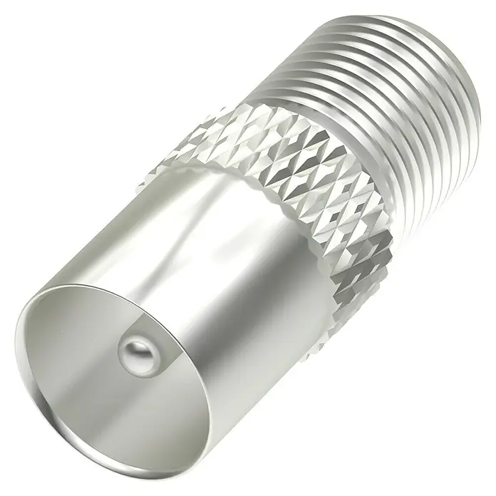 Hama SAT-Adapter - F-Buchse, IEC-Stecker - Nahaufnahme eines F-Steckers für Koaxialkabel, verwendet für TV-Antennen und Satellitenanschlüsse, auf schwarzem Hintergrund.
