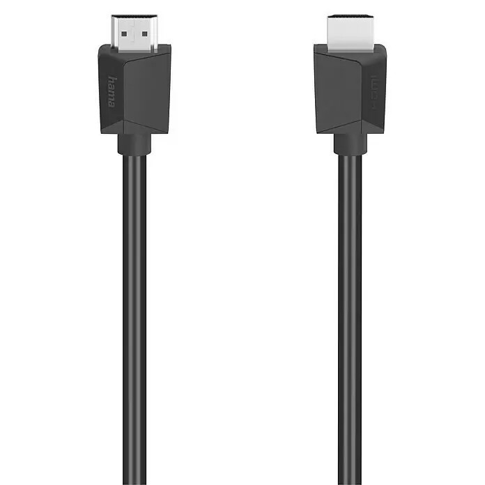 Hama HDMI-Kabel High Speed mit Ethernet - Schwarz, 3 m, 18 Gbit/s - Schwarzes HDMI-Kabel mit schwarzen Steckern und silberfarbenen Anschlüssen. Ein Stecker trägt "hama", der andere "HDMI".