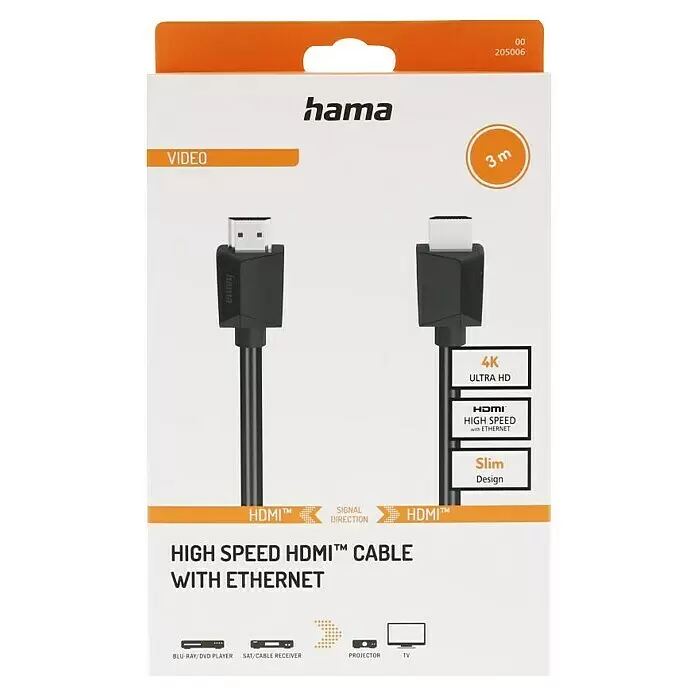 Hama HDMI-Kabel High Speed mit Ethernet - Schwarz, 3 m, 18 Gbit/s - Hama High-Speed HDMI-Kabel mit Ethernet in Einzelhandelsverpackung. Das 3m lange schwarze Kabel unterstützt 4K Ultra HD und hat ein schlankes Design.