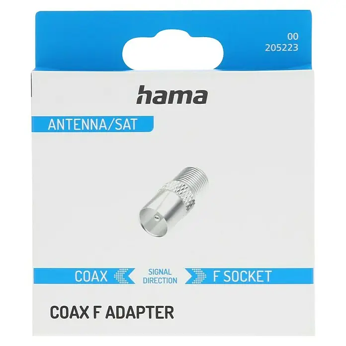 Hama SAT-Adapter - F-Buchse, IEC-Stecker - Produktverpackung des Hama Koax-F-Adapters für Antenne/SAT-Anschlüsse.