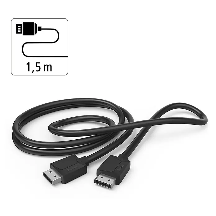 Hama DisplayPort-Kabel - Schwarz, 1,5 m, Bis zu 21,6 Gbit/s - Schwarzes Hama DisplayPort-Kabel mit zwei Anschlüssen und einer Länge von 1,5 Metern für eine hochwertige Bildübertragung.