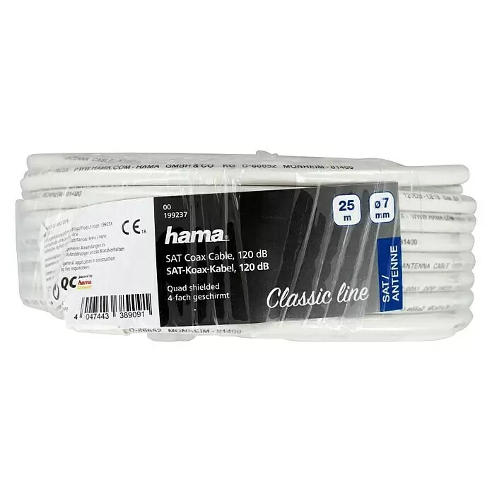 Hama SAT-Koaxialkabel - 25 m, Weiß, 120 dB, 75 Ω - Weißes Hama SAT-Koax-Kabel, 25m lang, 7mm dick, 120 dB, vierfach geschirmt, aufgerollt und verpackt.